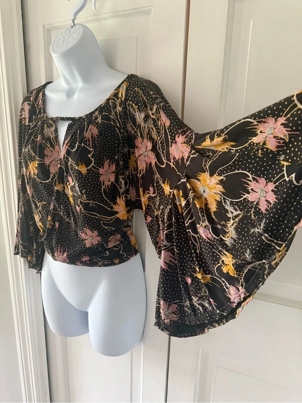 Free People Black Floral Keyhole Bell Sleeve Top with Pink & Yellow Accents